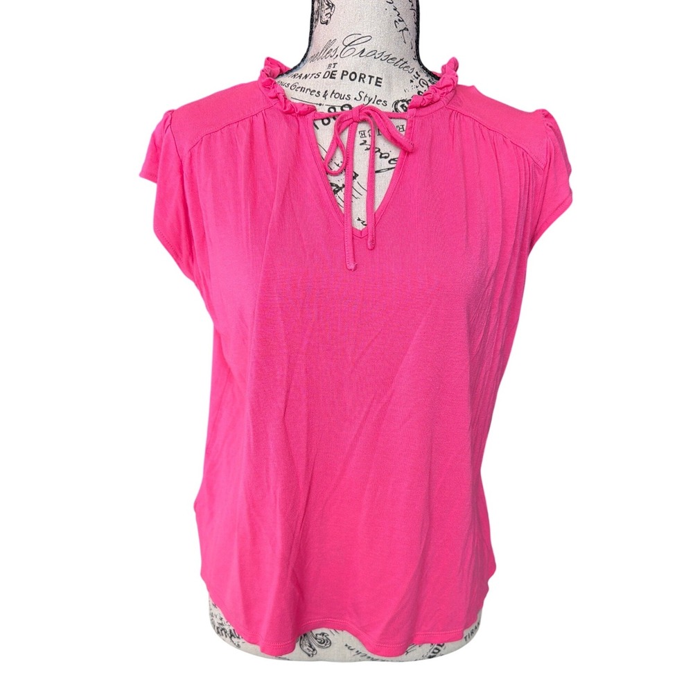 Loft Outlet Pink Ruffle Neck Tie Front Flutter Sleeve Knit Top Womens Medium
